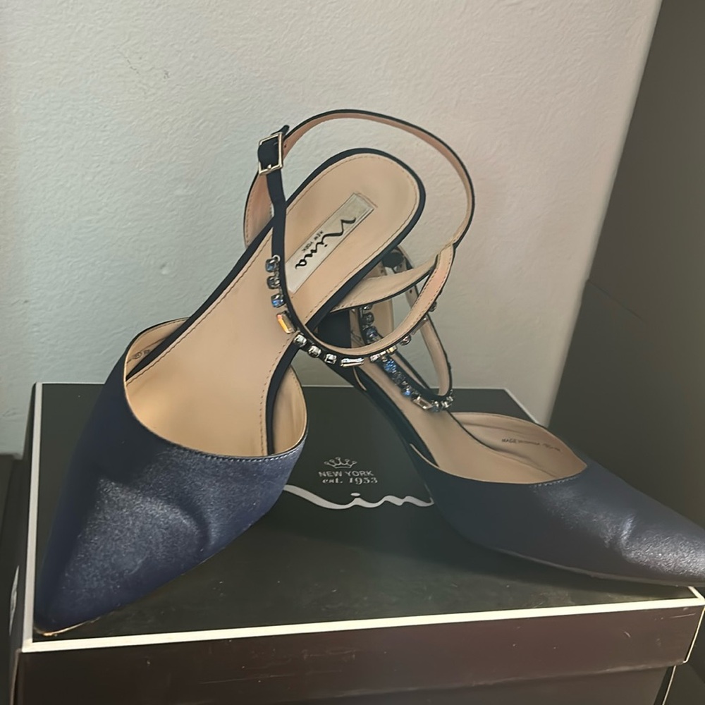 Navy Blue Nina Pointed Toe Kitten Heels with Blue and Silver gem stones